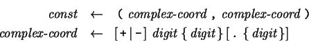 \begin{eqnarray*}
\,\mbox{\it const}\,&\leftarrow &
{\,\mbox{\tt (}\,\,\mbox{\i...
...[ \,\mbox{\tt .}\,\left\{ \,\mbox{\it digit}\, \right\} \right]
\end{eqnarray*}