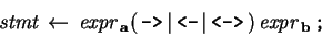 \begin{eqnarray*}\,\mbox{\it stmt}\,\leftarrow \,\mbox{\it expr}\,_\mathbf{a}(\,...
...\,\mbox{\tt <->}\,)\,\mbox{\it expr}\,_\mathbf{b}\,\mbox{\tt ;}\,\end{eqnarray*}