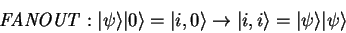\begin{displaymath}
\mathit{FANOUT}: {\vert\psi \rangle}{\vert \rangle}={\vert ...
...}\to{\vert i,i \rangle}={\vert\psi \rangle}{\vert\psi \rangle}
\end{displaymath}