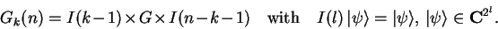 \begin{displaymath}
G_k(n)=I(k-1) \times G \times I(n-k-1) \quad{\rm with}\quad...
... {\vert\psi \rangle},\,
{\vert\psi \rangle}\in {\bf C}^{2^l}.
\end{displaymath}