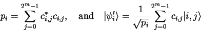 \begin{displaymath}
p_i=\sum_{j=0}^{2^m-1} c^*_{i,j} c_{i,j}, \quad\mathrm{and}...
...}{\sqrt{p_i}}
\sum_{j=0}^{2^m-1} c_{i,j} {\vert i,j \rangle}
\end{displaymath}