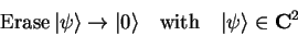 \begin{displaymath}
\mathrm{Erase} {\vert\psi \rangle}\to{\vert \rangle}
\quad\mathrm{with}\quad {\vert\psi \rangle}\in\mathbf{C}^2
\end{displaymath}