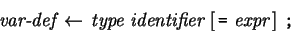 \begin{eqnarray*} \mbox{\it var-def} \leftarrow  \mbox{\it type}  \mbox{\it...
...left[  \mbox{\tt =}  \mbox{\it expr}  \right] \mbox{\tt ;} \end{eqnarray*}