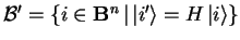 $\mathcal{B'}=\{i\in\mathbf{B}^n \vert {\vert i' \rangle}=H {\vert i \rangle}\}$