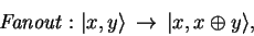 \begin{displaymath}
\mathit{Fanout}: {\vert x,y \rangle} \to {\vert x,x \oplus y \rangle},
\end{displaymath}