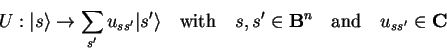 \begin{displaymath}
U: {\vert s \rangle}\to\sum_{s'} u_{ss'} {\vert s' \rangle}...
...,s'\in\mathbf{B}^n \quad\mathrm{and}\quad u_{ss'}\in\mathbf{C}
\end{displaymath}