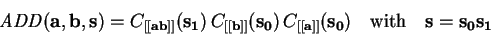 \begin{displaymath}
\mathit{ADD}(\mathbf{a},\mathbf{b},\mathbf{s})=
C_{[[\math...
...)
\quad\mathrm{with}\quad \mathbf{s}=\mathbf{s_0}\mathbf{s_1}
\end{displaymath}