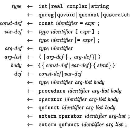 \begin{eqnarray*}
 \mbox{\it type} 
&\leftarrow & \mbox{\tt int} \vert \mb...
...ifier}  \mbox{\it arg-list}  \mbox{\tt ;} 
\parbox{10cm}{&nbsp;}\end{eqnarray*}